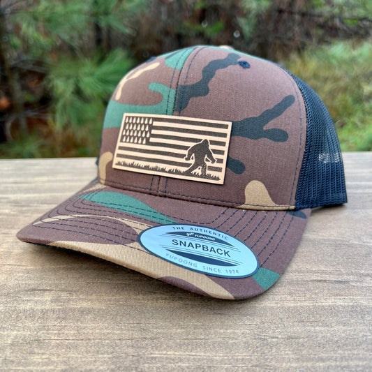 Patriotic Bigfoot Snapback Trucker Hat
