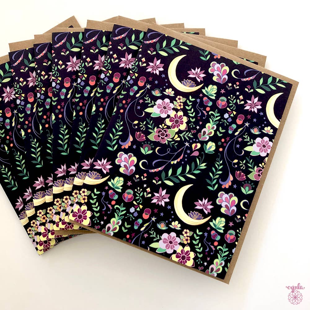 BOX of 8 Crescent Moon floral Pattern Greeting Cards