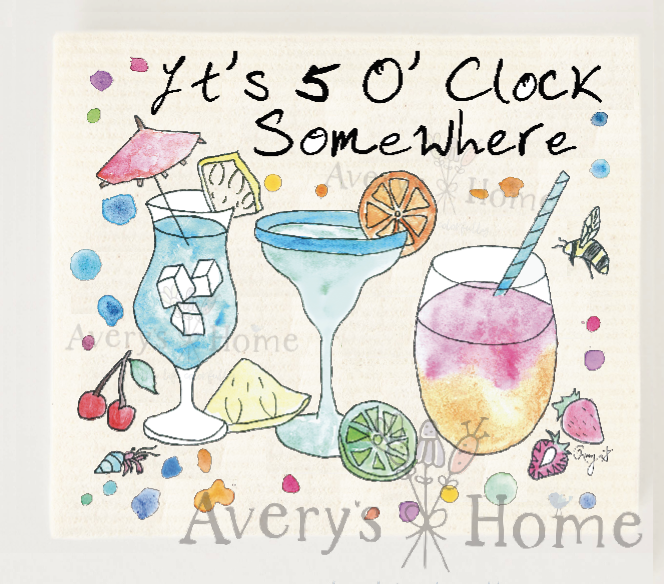It's 5 O' Clock Somewhere Summer Drinks Swedish Dish Towel