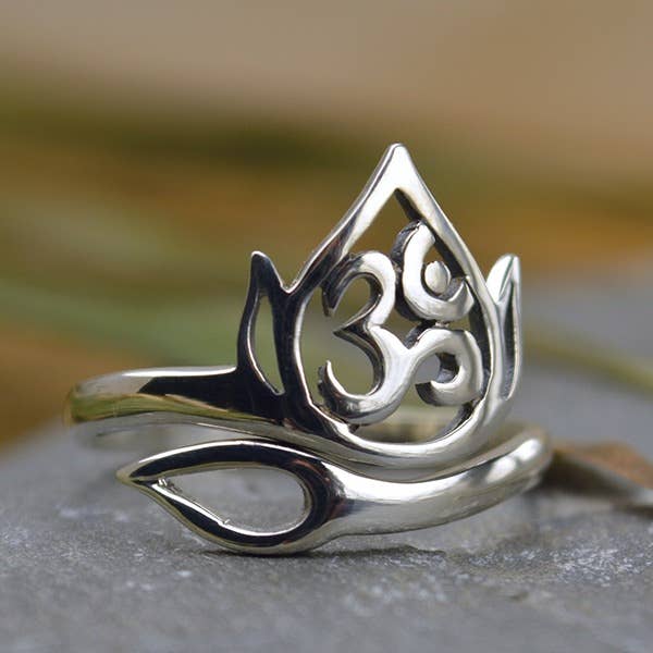 Adjustable Openwork Lotus and Om Sterling Silver Ring