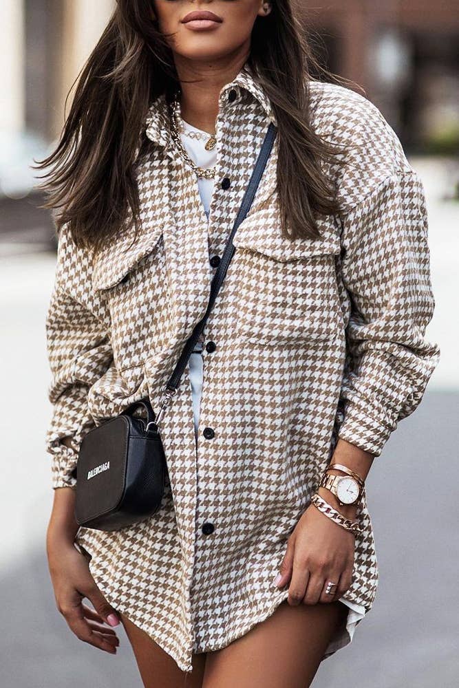 Tweed Houndstooth Single-Breasted Shacket Coat