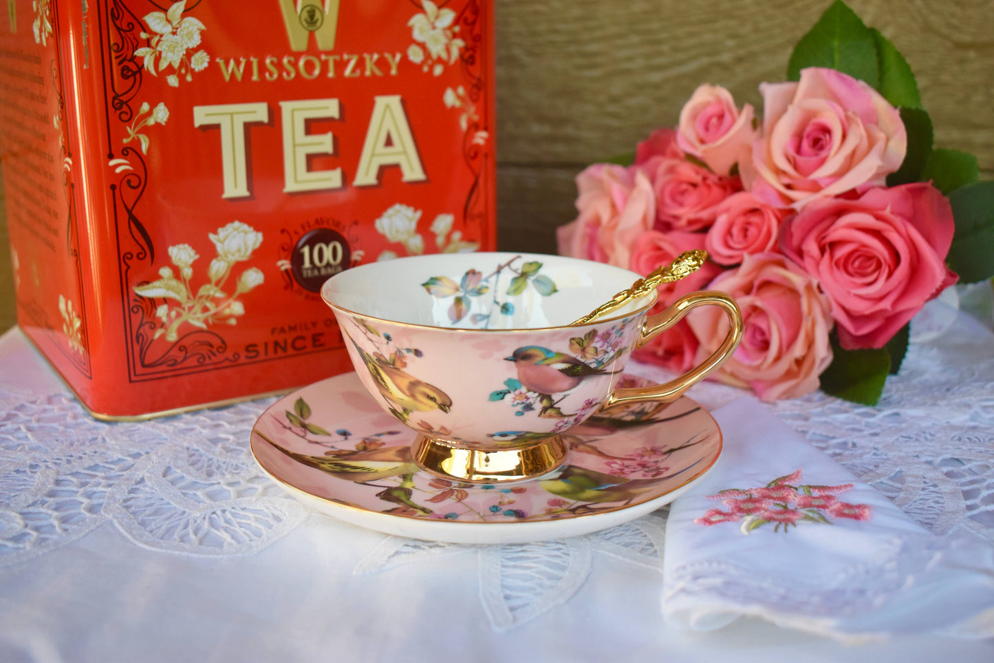 Blush Pink & Gold with Birds Teacup and Saucer