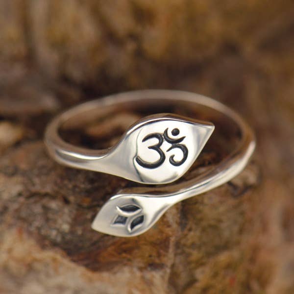 Adjustable Lotus and Om Sterling Silver Ring