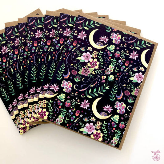 BOX of 8 Crescent Moon floral Pattern Greeting Cards