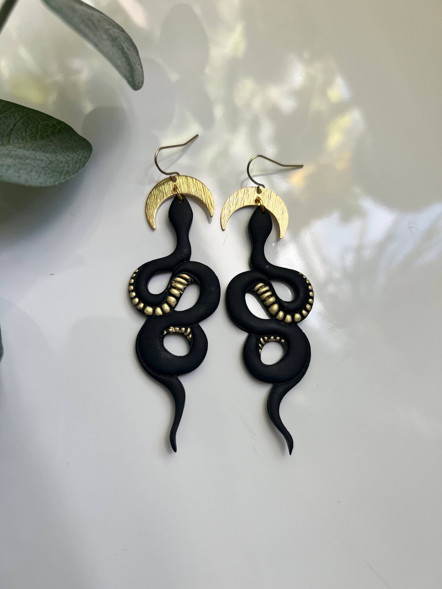 Black & Gold Snake Clay Earrings with Moon Charm