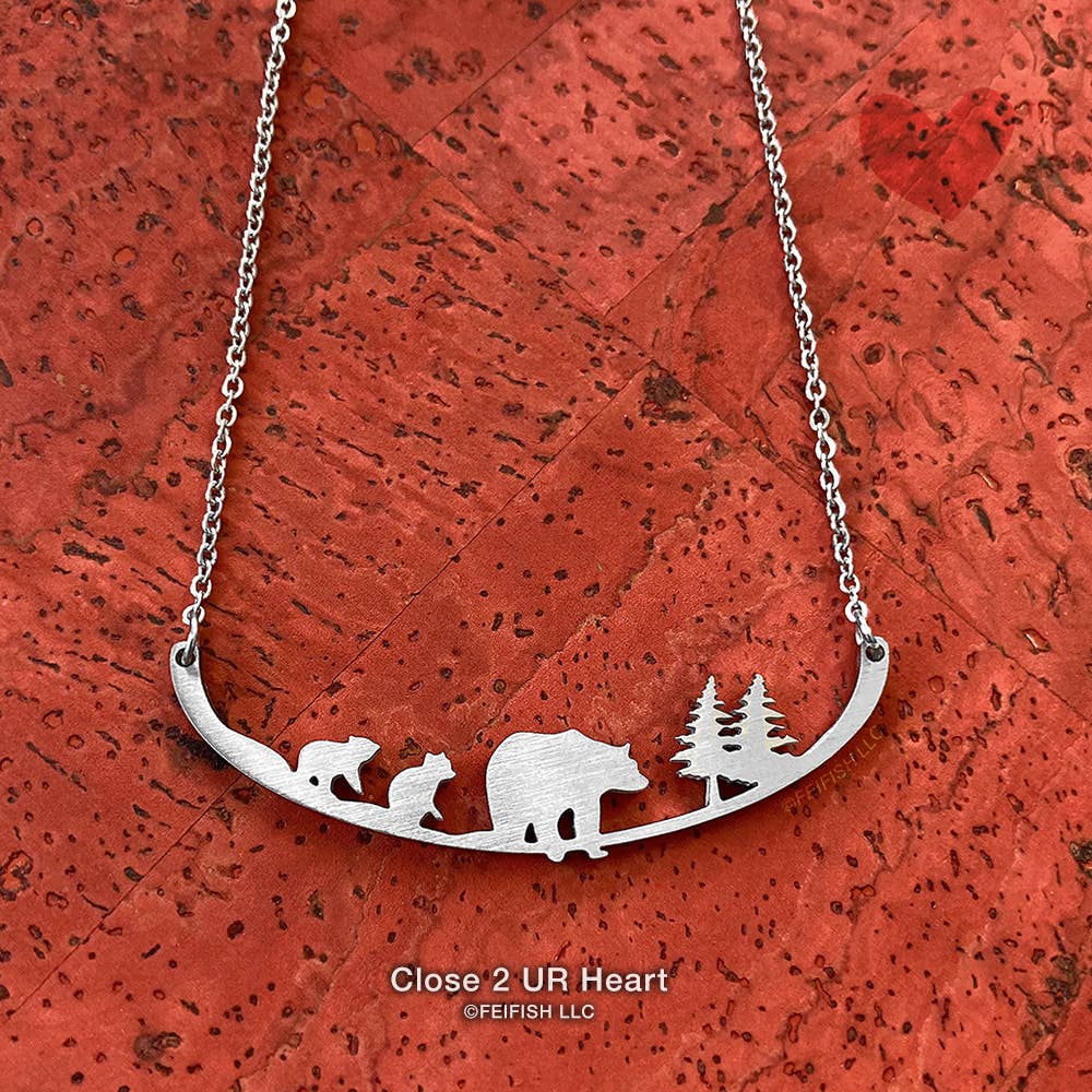 Mother Bear and 2 Cubs Stainless Steel Necklace