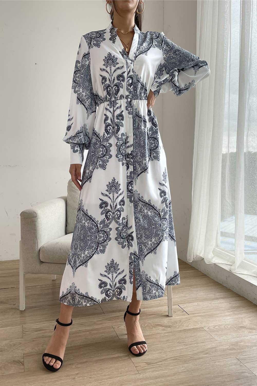 Puffy Sleeves Paisley Print Open Button Maxi Dress
