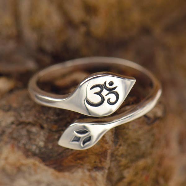 Adjustable Lotus and Om Sterling Silver Ring
