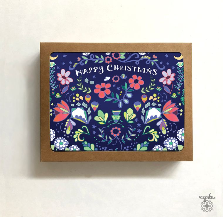 Folk Happy Christmas Cards - Box of 8
